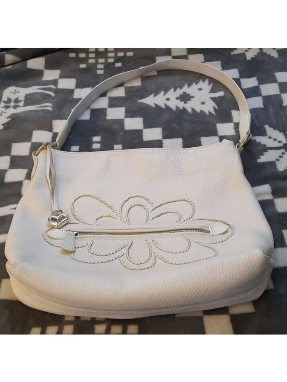 Brighton Winter White Pepple Leather Embroidered Flower Shoulder Handbag